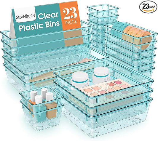 StorMiracle 23 PCS Drawer Organizer Set, 5 Varied Size Bathroom and kitchen Drawer cabinet organizer Trays, Clear Storage Bins for Makeup, Jewelry, Utensils and Gadgets