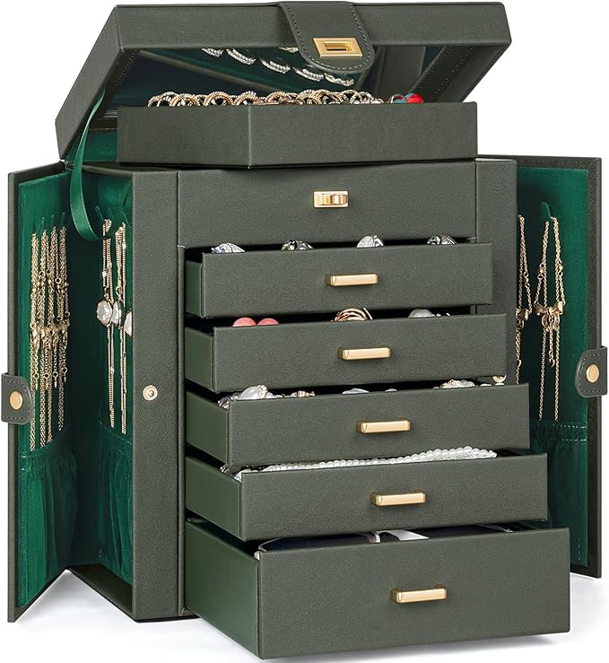 AKOZLIN 6-Tier Jewelry Box Organizer Functional 5 Drawers Leather Jewelry Storage Case for Women Girls Ring Necklace Earring Bracelet Holder Organizer with Mirror Dark Green