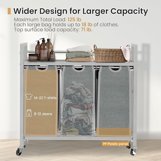 SwaaVee Laundry Hamper, Laundry Basket, Laundry Sorter with 3 Removable Bags, Clothes Basket with 3 Compartments, Wheels, Shelf for Laundry Room Bathroom Bedroom (3 Bags-Gray)