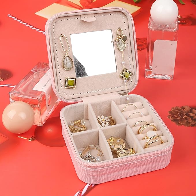 OceeK Travel Jewelry Case Box Organizer with Mirror,Travel Jewelry Box Holder Stocking Stuffers,Pink,1 Pack