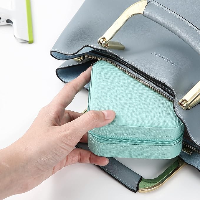 Neveika Portable Travel Mini Jewelry Box Leather Jewellery Ring Organizer Case Storage Gift Box Girls Women (blue).