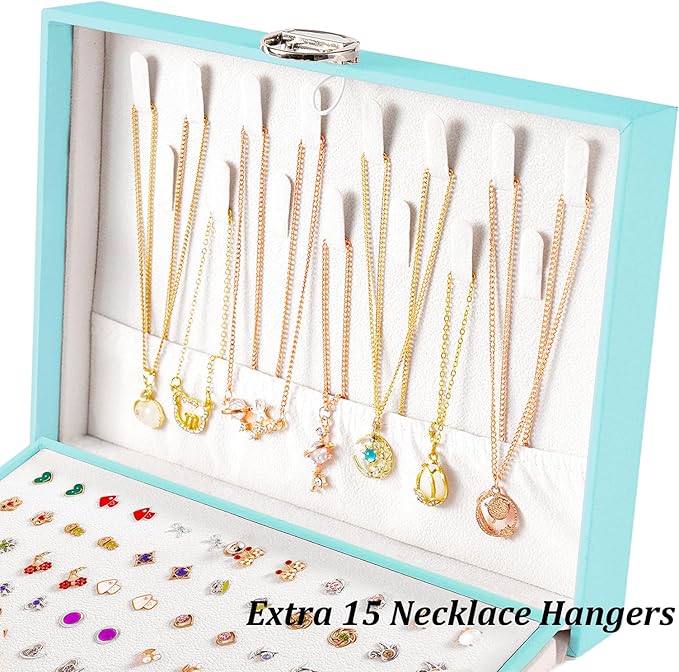 QBestry Earrings Jewelry Box for Girls, 5 Layers Jewelry Organizer with Earring Holder Organizer for Girls Earring Organizer Jewelry Boxes for Women Earrings and Necklaces Jewelry Box Organizer Teal