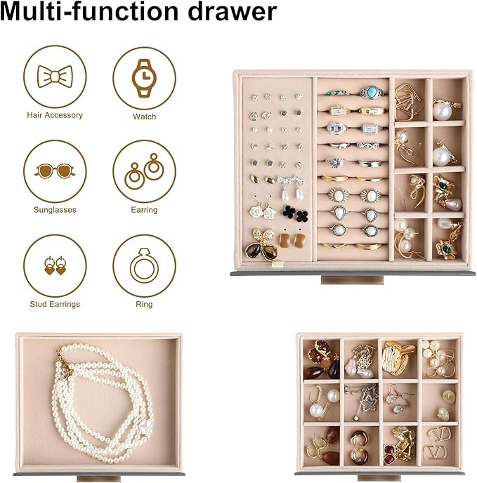 Frebeauty Clear Lid Jewelry Box,3-Layer Jewelry Organizer with Drawer,PU Leather Jewelry Organizers and Storage,Jewelry Boxes for Women,Jewelry Storage for Rings Earring Stud,Gift for Women(Grey)