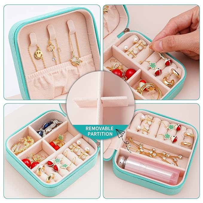 Neveika Portable Travel Mini Jewelry Box Leather Jewellery Ring Organizer Case Storage Gift Box Girls Women (blue).