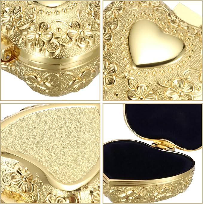 Hipiwe Vintage Jewelry Box Heart Shape Trinket Chest Metal Gold Treasure Storage Case for Rings Earrings Necklace Keepsake Organizer Gift for Woman