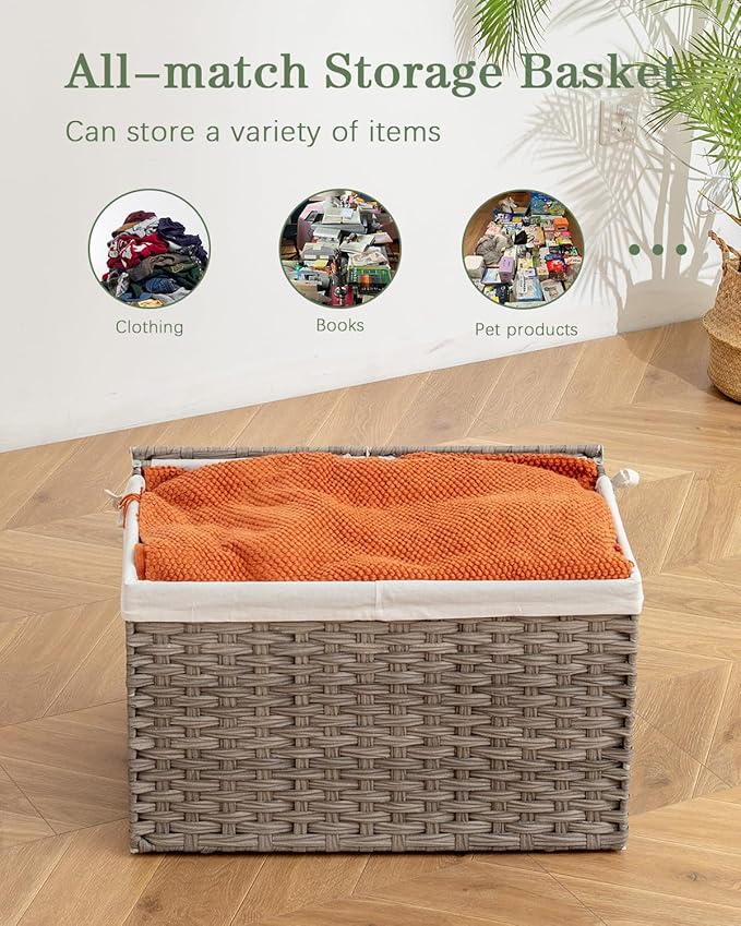 SETVSON Storage Basket with Lid, PE Rattan Woven Storage Baskets with 2 Separate Lids, 17.2 Gallon (65 L), 22.2 x 13 x 13.8 Inches, 2 Removable Liner Bags Handles for Bedroom, Laundry Room Gray