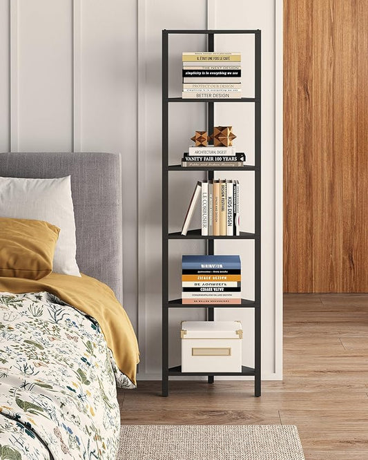 TUTOTAK Corner Shelf, 6-Tier Corner Bookshelf for Small Space, Narrow Display Corner Shelf Stand with Storage Rack, for Living Room, Bedroom, Black BS05BK006
