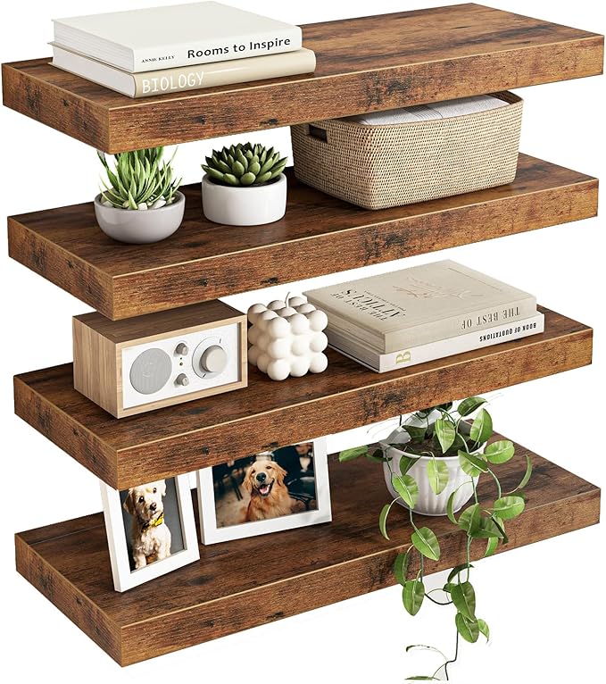 Fixwal Wood Floating Shelves, Wall Shelves Set of 4, Shelves for Wall Decor, with Invisible Brackets for Bathroom, Living Room,Bedroom and Kitchen(Rustic Brown)