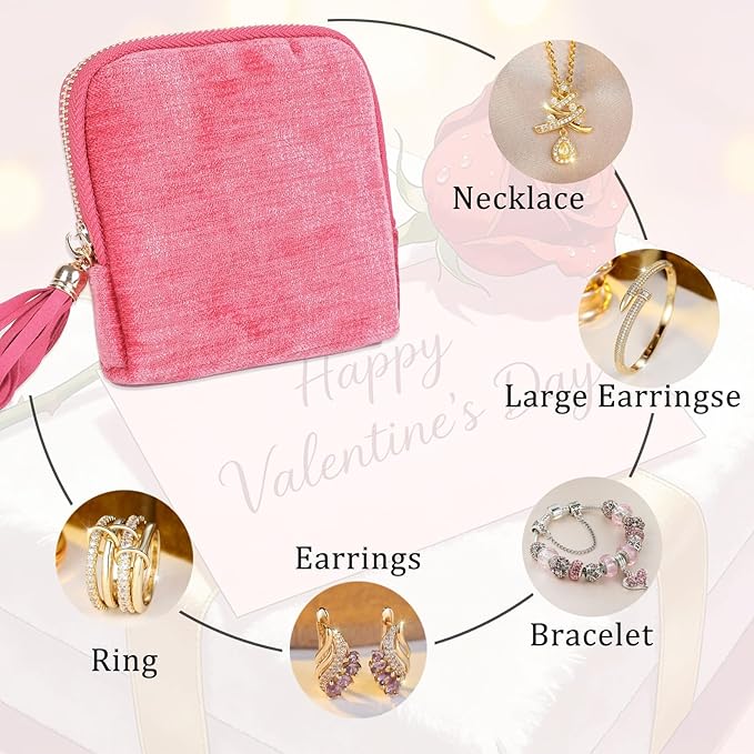 ASINGYER Travel Jewelry Storage Bag for Women, Velvet Portable Jewelry Organizer with Tassel Zipper, Small Pouches for Bracelets Necklaces Rings Earrings, Wedding Gift for Women (hot pink)