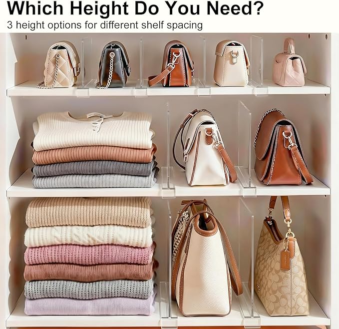 SortNStore Shelf Dividers Purse Organizer for Closet: 6-inch Tall(Shorter Version) Acrylic Handbag Organizer - Small Space Separator for Clutches Evening Bags Pouches Mini-Bags on Wood Shelves 6-Pack