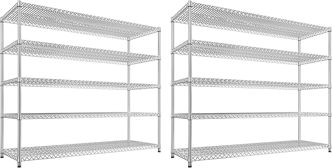 REIBII 55.5" W Storage Shelves 3200LBS Metal Shelving 5 Tier Wire Shelving Garage Shelving Heavy Duty Metal Shelves for Shelving Unit Commercial Adjustable Shelf, 55.5" W X 18''D X 71" H，Chrome,2P