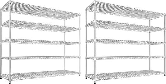 REIBII 55.5" W Storage Shelves 3200LBS Metal Shelving 5 Tier Wire Shelving Garage Shelving Heavy Duty Metal Shelves for Shelving Unit Commercial Adjustable Shelf, 55.5" W X 18''D X 71" H，Chrome,2P