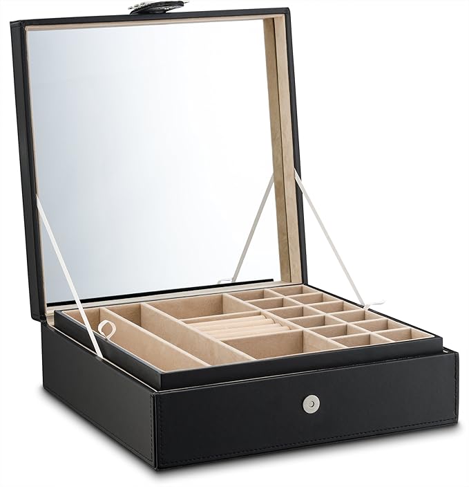 Glenor Co 28 Section Jewelry Box - 2 Layer - Buckle Snap & Magnet Closure - Large Mirror - Pu Leather - Black - Jewelry Organizer for Women & Girls - Holder for Earring Ring Necklace & Bracelet