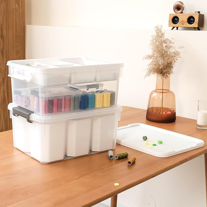Citylife 17 QT Plastic Storage Box with Removable and 6 Detachable Inserts, Clear White