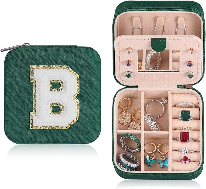 ETHOON Jewelry Travel Case Small Organizer Stocking Box Personalized Gifts Teenage Jewelry Accessories Holiday Christmas Gift for Women Green, Letter B