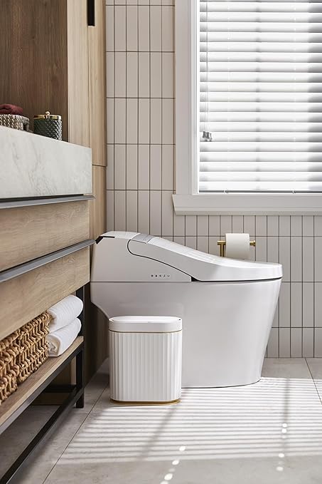 ELPHECO Bathroom Trash Can with Lid 2 Gallon Sensor Garbage Can, Automatic Trash Bin, Motion Sensor Trash Can, IPX5 Waterproof Plastic Wastebasket for Bathroom, Bedroom, Kitchen, Office, White Gold