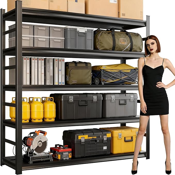 Garage Shelving,5 Tier Heavy Duty Shelving,72" H Metal Shelving Unit and Storage,3000lbs Capacity Steel Shelving,Industrial Shelves for Garage/Warehouse/Basement Black Adjustable Shelves