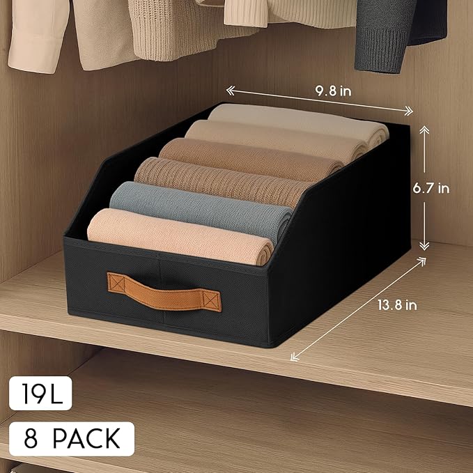 Homsorout Fabric Storage Bins for Organizing - 8 Pack Large Trapezoid Collapsible Storage Bins with Front Handle, Closet Organizers and Storage for Bedroom, Home Shelves, Small Spaces, Black