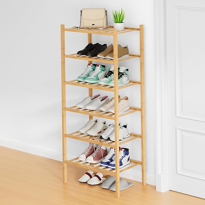Smiry Shoe Rack, 6 Tier Small Bamboo Shoe Organizer, Stackable Free Standing Wooden Shoe Storage Shelf for Closet, Entryway, Front Door Entrance, Natural