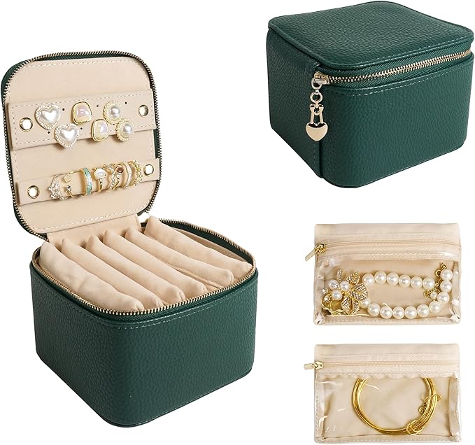 Travel Jewelry Case, Small Travel Jewelry Box with 6 Velvet Jewelry Bag Mini Pouch, Portable Travel Jewelry Organizer for Rings Earrings Necklaces, Beauty Gifts for Women Girls (Green)