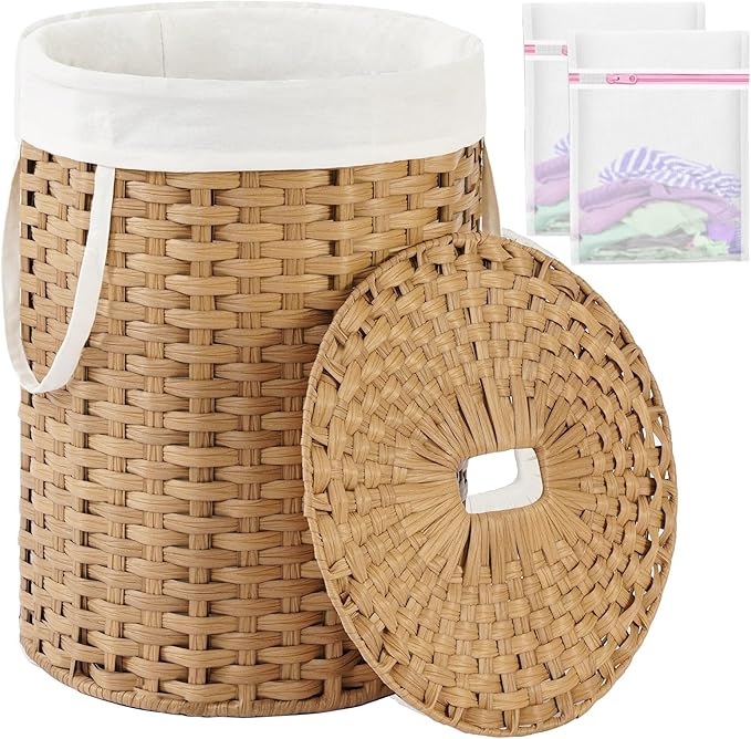 SETVSON Laundry Hamper with Lid 23.8 Gal (90 L) Round Laundry Basket with Lid Handwoven Clothes Hamper Removable Bag 2 Mesh Bags Rattan Woven Basket Handles for Bathroom Living Room Natural