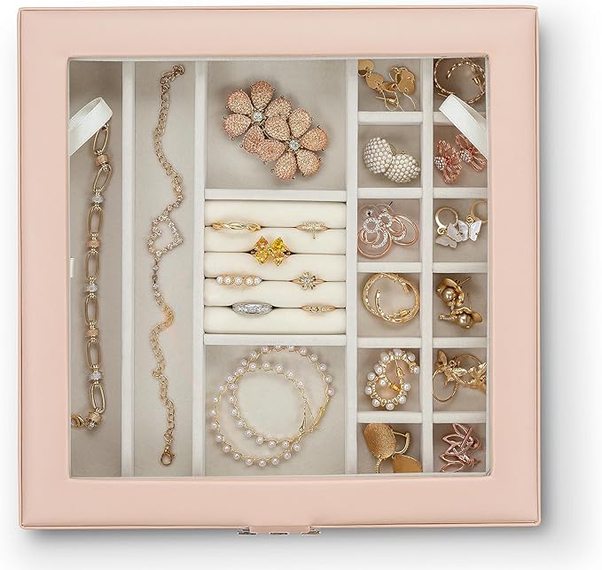 Glenor Co 28 Section Jewelry Box - 2 Layer - Buckle Snap & Magnet Closure - Large Glass Top - Leather Design - Sand - Jewelry Organizer for Women & Girls - for Earring Ring Necklace & Bracelet