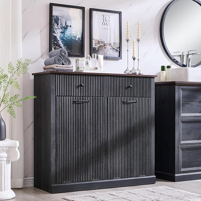 IFBUY Modern Double Tilt-Out Laundry Hamper Cabinet, 20 Gallon Fluted Trash Can Cabinet w/2 Drawers, Wooden Hidden Garbage Can Cabinets w/Laundry Basket, Free Standing for Bathroom and Kitchen, Grey