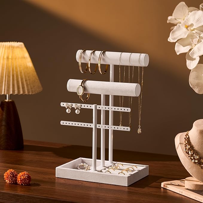bussdis 3 Tier Bracelet Holder Display - Detachable T Bar Pure White Velvet Bracelet Holder, Jewelry Holder Organizer for Bracelet, Necklace, Earrings, Rings