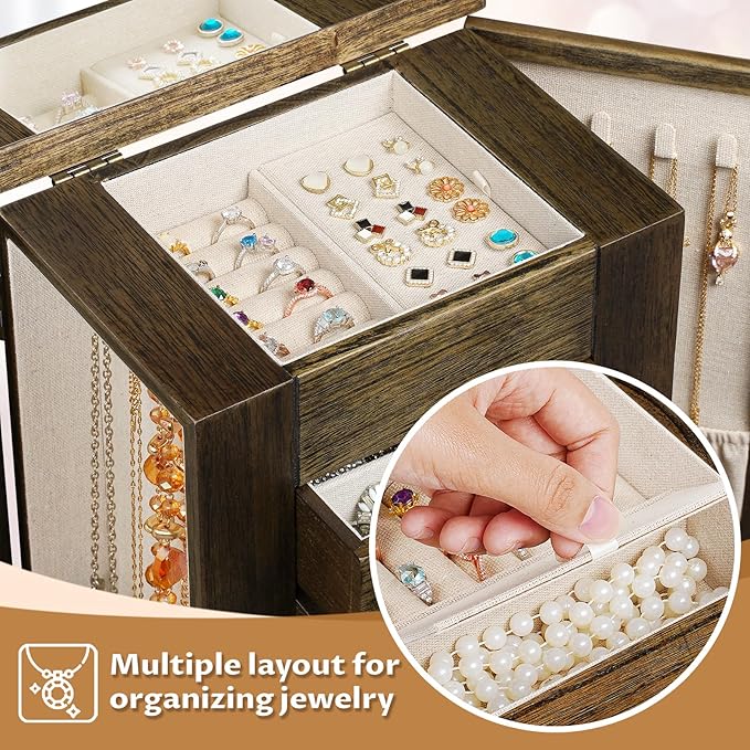 Emfogo Jewelry Box for Women, 5 Layer Large Wood Jewelry Boxes & Organizers for Necklaces Earrings Rings Bracelets, Rustic Jewelry Organizer Box with Rattan, Drawers and Mirror(Vintage)