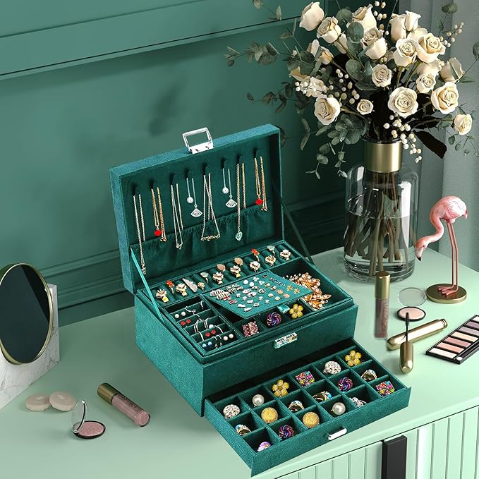 QBestry Jewelry Box for Women with Drawer, 3-Layer Large Jewelry Organizer with Lock & Key, 8 Necklace Hooks & 56 Earring Holes, Green Velvet Jewelry Storage Box for Necklaces Earrings Rings Bracelets
