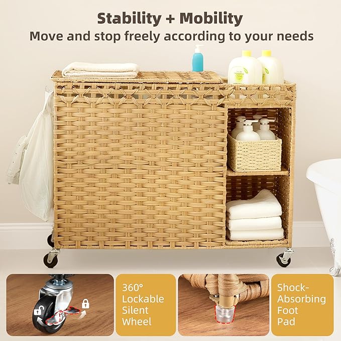 Laundry Hamper with Lid, 160L Rattan Wicker Laundry Basket with Wheels, Handwoven Laundry Hamper 3-Section with Storage shelf(42.3 Gal), Laundry Sorter Basket with Removable Liner, Natural HLH033N
