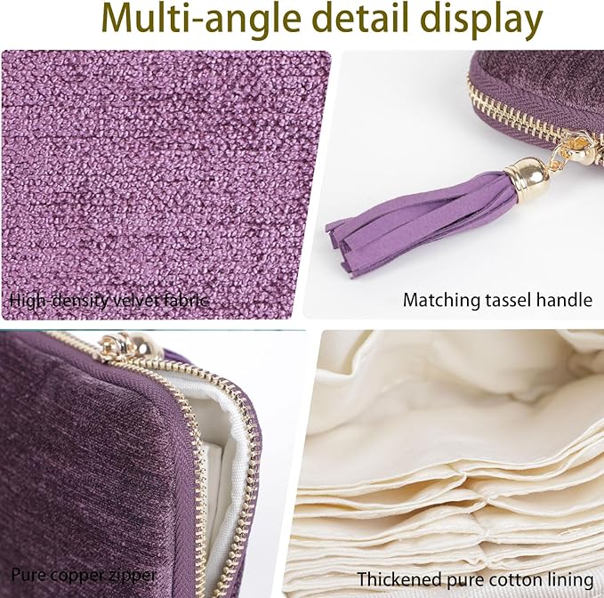 ASINGYER Travel Jewelry Storage Bag for Women, Velvet Portable Jewelry Organizer with Tassel Zipper, Small Pouches for Bracelets Necklaces Rings Earrings, Wedding Gift for Women (purple)