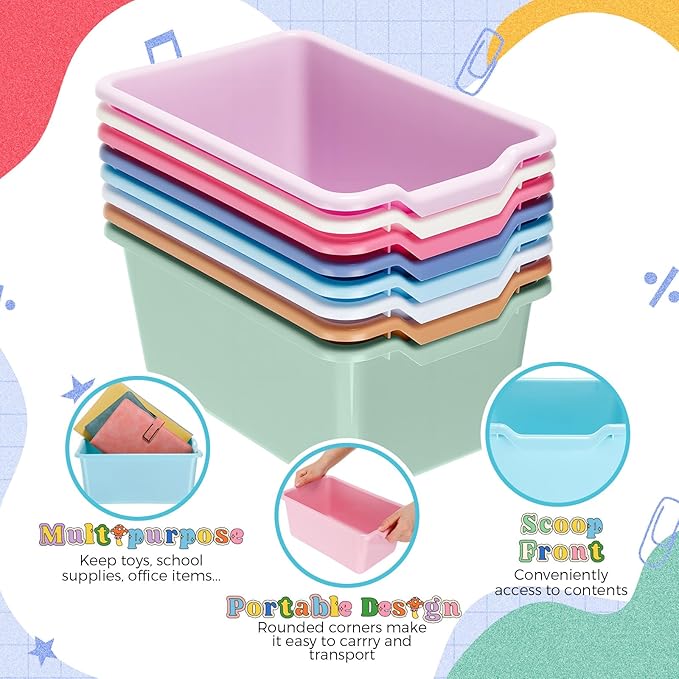 Dandat 16 Pcs Plastic Book Bins for Classroom Library Cubby Bins Scoop Front Stackable Toy Storage Tubs Containers for School Office Home Nursery Playroom Organization(Pastel Color)
