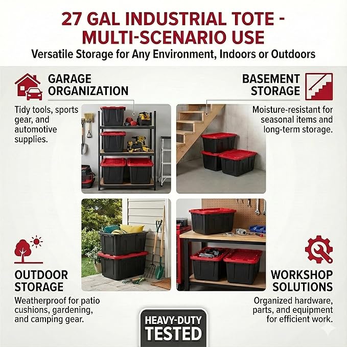 27 Gal Industrial Tote,4 Pack Plastic Storage Bins with Lids Tough Large Storage Bin,Black with Red Lid Plastic Storage,Stackable & Nestable for Garage, Basement, or Outdoor (4 Pack)