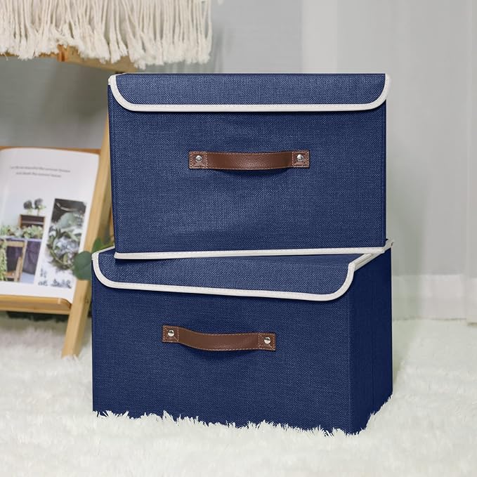 ANMINY Storage Bin with Lid Storage Boxes with PU Leather Handles PP Plastic Board Decorative Foldable Lidded Cotton Linen Fabric Home Cubes Baskets Closet Organizer Container - Blue, Medium