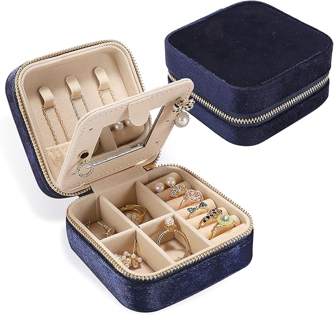 Plush Velvet Travel Jewelry Box for Women & Girls - Small Portable Organizer, Storage Case for Rings, Earrings, Necklaces & Bracelets – Ideal Gift for Travel & Occasions (Dark blue)