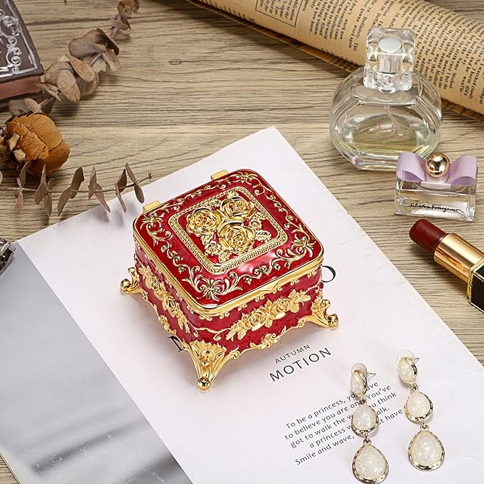 Hipiwe Vintage Metal Jewelry Box - Small Trinket Organizer Ring Box Case with Rose Pattern Jewelry Storage Box for Ring Earrings Necklace, Keepsake Box for Women,Red