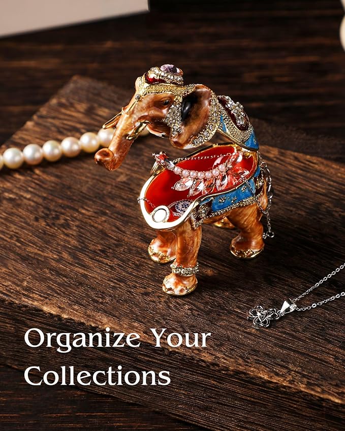 Hand Painted Trinket Box Enamel Vintage Jewelry Box Elephant Hinged Metal Jewelry Organizer Decorative Treasure Box Unique Gifts for Animal Lover