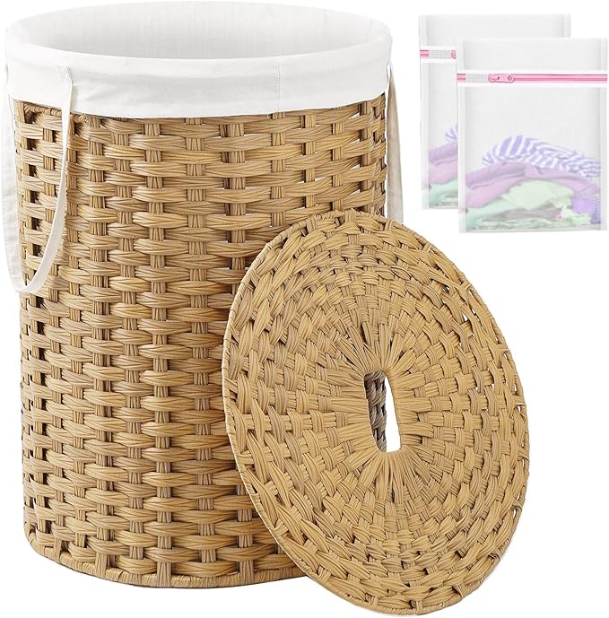 SETVSON Laundry Basket with Lid Round Rattan Laundry Hamper with Lid and Handles 29.1 Gal (110 L) Handwoven Woven Basket with Removable Bags and 2 Mesh Bags for Bathroom Living Room Natural
