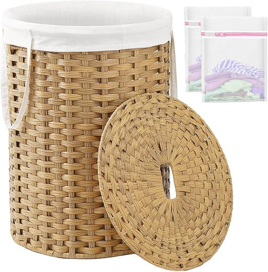 SETVSON Laundry Basket with Lid Round Rattan Laundry Hamper with Lid and Handles 29.1 Gal (110 L) Handwoven Woven Basket with Removable Bags and 2 Mesh Bags for Bathroom Living Room Natural