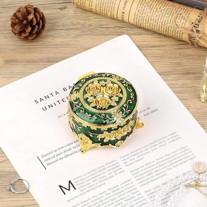 Hipiwe Vintage Jewelry Box Small Trinket Storage Organizer Box Gold Metal Chest Ring Case Treasure Chest Round Keepsake Boxes for Earrings Necklace Gift for Women,Green