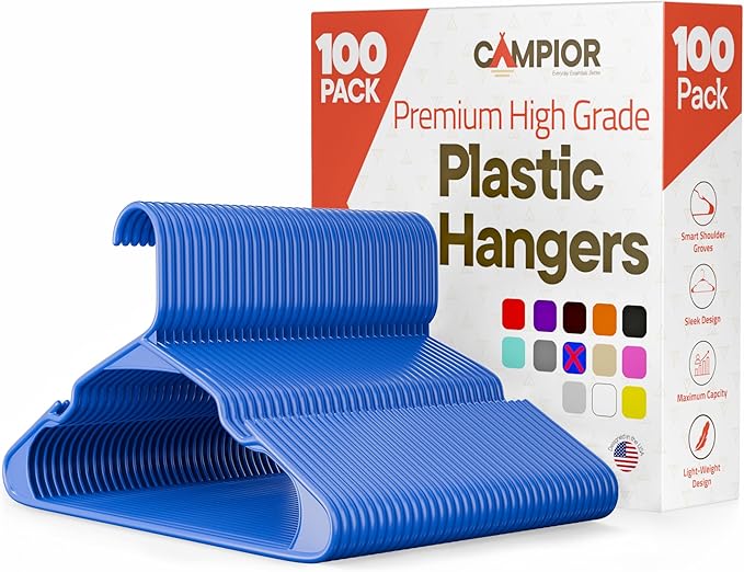 Plastic Clothes Hangers – Heavy Duty Hanger Set, for Organizing Clothes, Dresses, and Coat, Holds Up to 5 lbs, Space-Saving Hangers with Non-Slip Shoulder Grooves, Pack of 100, Blue