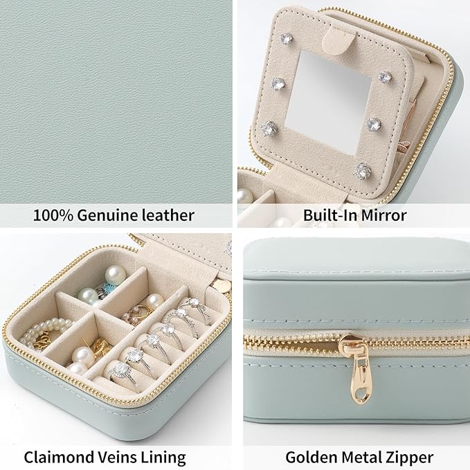 Genuine Leather Travel Jewelry Case Organizer with Mirror for Women, Small Jewelry Box Portable Mini Jewelry Case for Earring, Ring, Necklace, Bracelet（Lychee Grain Pink Purple）