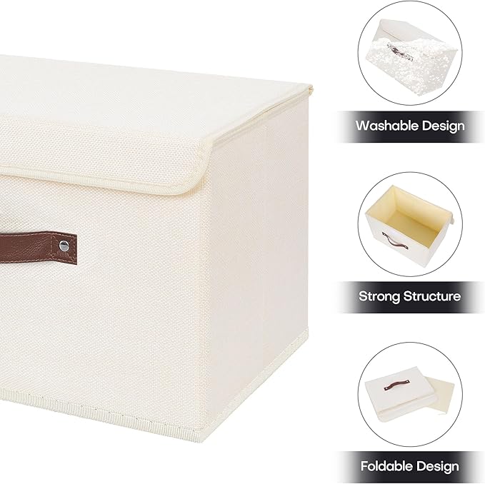 ANMINY 4PCS Storage Bin with Lid Storage Boxes with PU Leather Handles PP Plastic Board Decorative Foldable Lidded Cotton Linen Fabric Home Cubes Baskets Closet Organizer Container - Beige, Medium