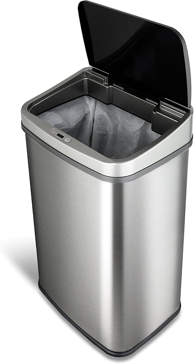 Ninestars DZT-50-28BR Automatic Touchless Motion Sensor Rectangular Trash Can, Black Top, 13 Gal. 49 L., Brush