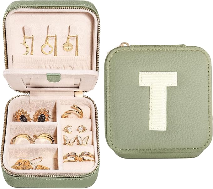 S.Leaf Initial Travel Jewelry Case Jewelry Boxes for Women Small Jewelry Box Travel Jewelry Box Jewelry Gift Boxes Jewelry Travel Case Jewelry Organizer Box Portable Travel Jewelry Case Letter T