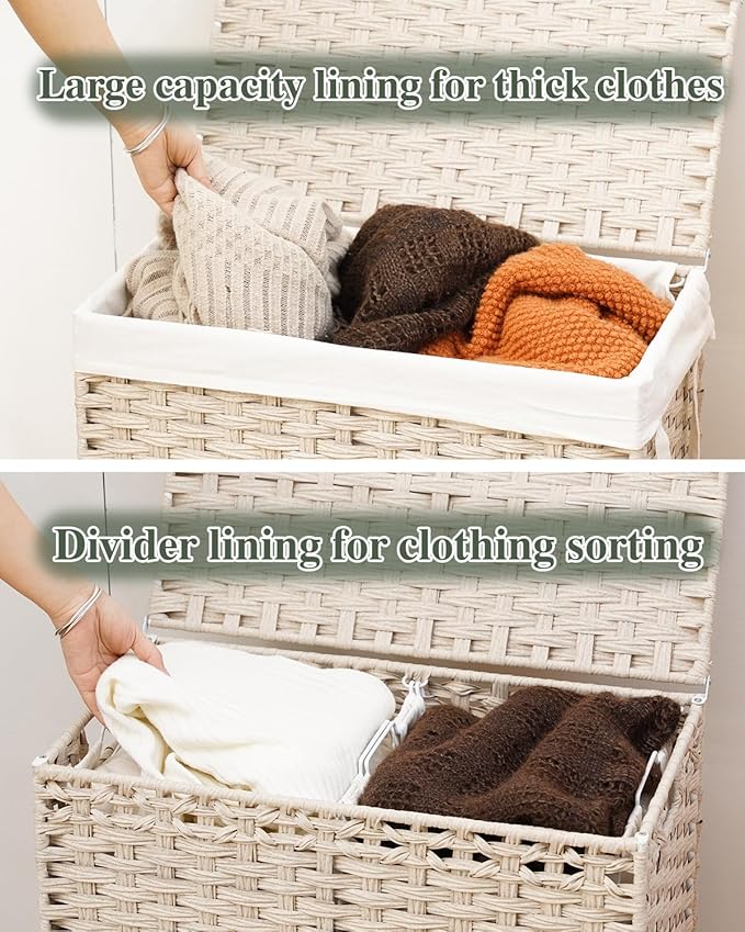 SETVSON Laundry Hamper with Lid Wicker Laundry Basket 112 L (29.6 Gal) Laundry Hampers Handwoven Rattan Clothes Hamper with Handles 3 Removable Liner Bag, 6 Mesh Bags for Bathroom Bedroom Light Khaki