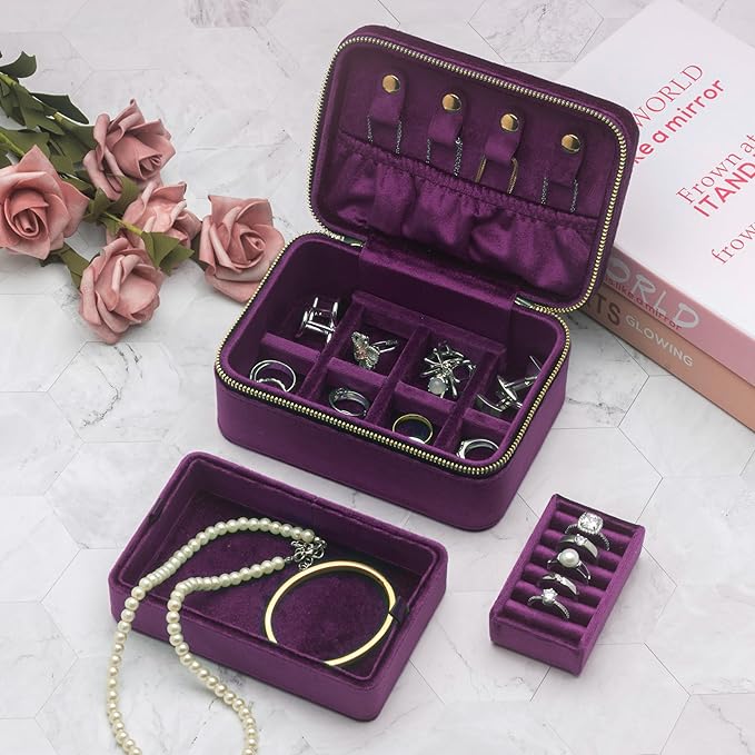Velvet Travel Jewelry Organizer Box with Zipper Around Portable Accessory Display Tray Holder Storage Case for Multiple Earrings Rings Necklaces Bracelets (Purple)