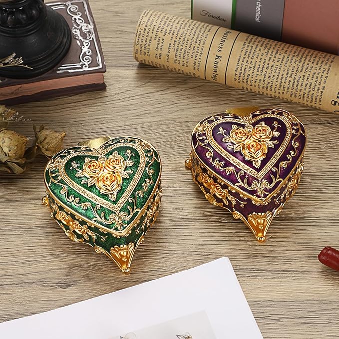 Hipiwe Decorative Jewelry Box Purple Vintage Jewelry Storage Case with Rose Pattern Heart Shaped Treasure Chest Box for Earrings Ring Necklace Keepsake Organizer