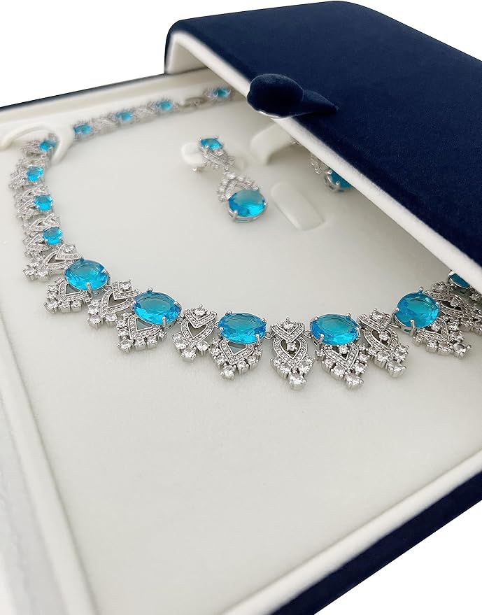 Navy Blue Velvet Jewelry Box for Large Necklace and Earrings Set Luxury Presentation Case for Pearl Strand Necklaces, Statement Jewelry, Button Clip Closure, Arc, Cream Velvet Interior, Gift Box